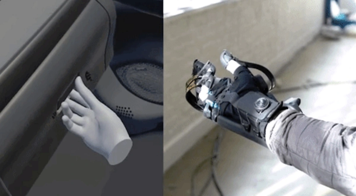 User opening virtual glove box of Nissan vehicle using HaptX Gloves DK2